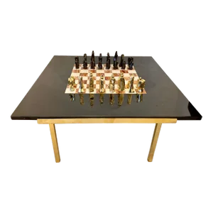 Important Abstract Bronze Chess Set on Belgian Marble and Brass Game Table