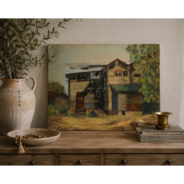 Mid-Century Modern Vintage 1960's Oil FarmHouse Painting on Canvas For Sale - Image 3 of 5