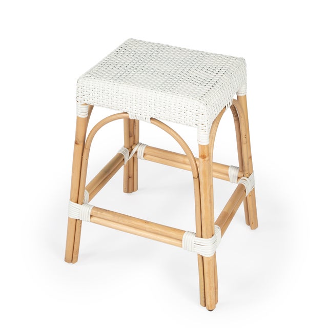 Robias 24.5 in. Seat Height Rectangular Rattan Backless Counter Stool with Footrest, Glossy White/ Natural Rattan Frame For Sale - Image 9 of 9