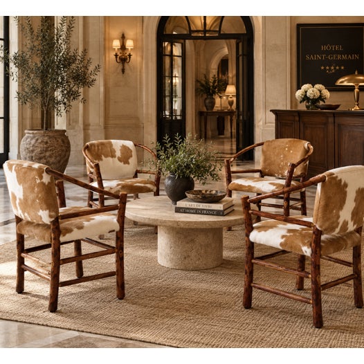 A set of four vintage Old Hickory armchairs in natural hickory with brown and white hair-on-hide upholstery. Gracefully...