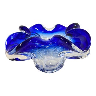 Mid Century 1960s Murano Glass Bowl Bullicante Cobalt Blue Ruffled Edge For Sale