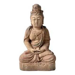 Early 20th Century Guan Yin Meditating Buddha Carved Wood Figure For Sale