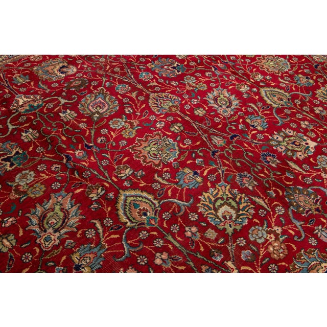 Red 1960s Vintage Tabriz Square Wool Rug With Floral Motif For Sale - Image 8 of 10
