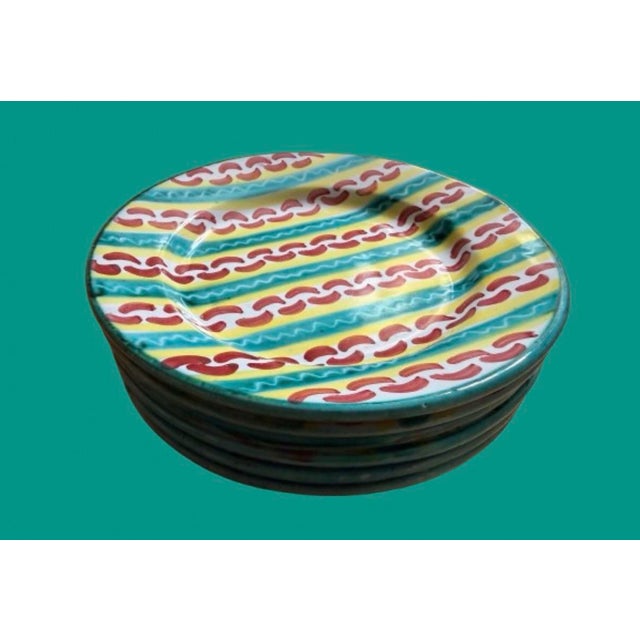 1980s Vintage Italian Hand Painted Ceramic Plates in the Style of Mackenzie - Childs - Sets of 6 For Sale - Image 5 of 10