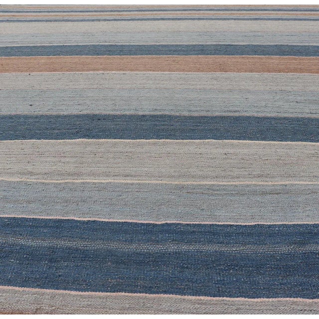 Traditional Striped Kilim Blue and Brown Hand Woven Wool by Keivan Woven Arts 9'3 X 12'0 For Sale - Image 3 of 13