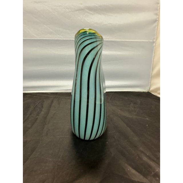 2010s Signed Dustin Wagner Studio Blown Art Glass Psycho Zebra Vase Aqua Teal Black 8” For Sale - Image 5 of 12