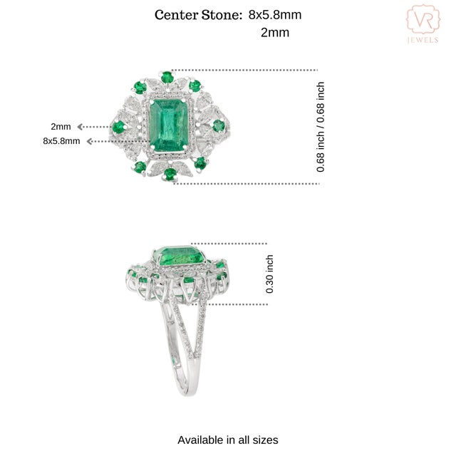 Green 18k White Gold Princess Cut Emerald Diamond Cocktail Ring Size 5 For Sale - Image 8 of 12