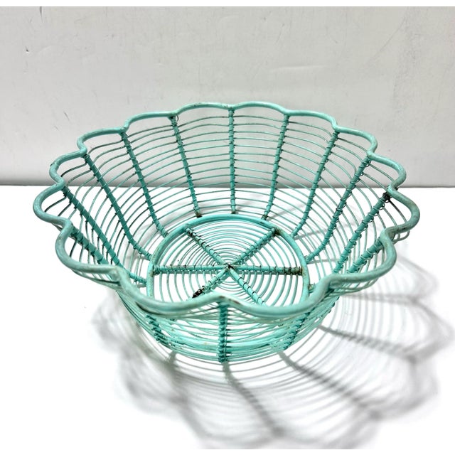 Vintage Turquoise Wire Egg Gathering Basket - Farmhouse Metal Flower Form Bowl For Sale - Image 4 of 8