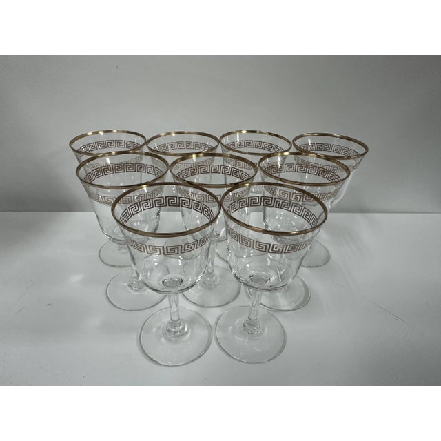 Gather 'round and toast in style with our Vintage Set of 9 Greek Key Petite Wine Glasses! Measuring a perfect 2 5/8" in...