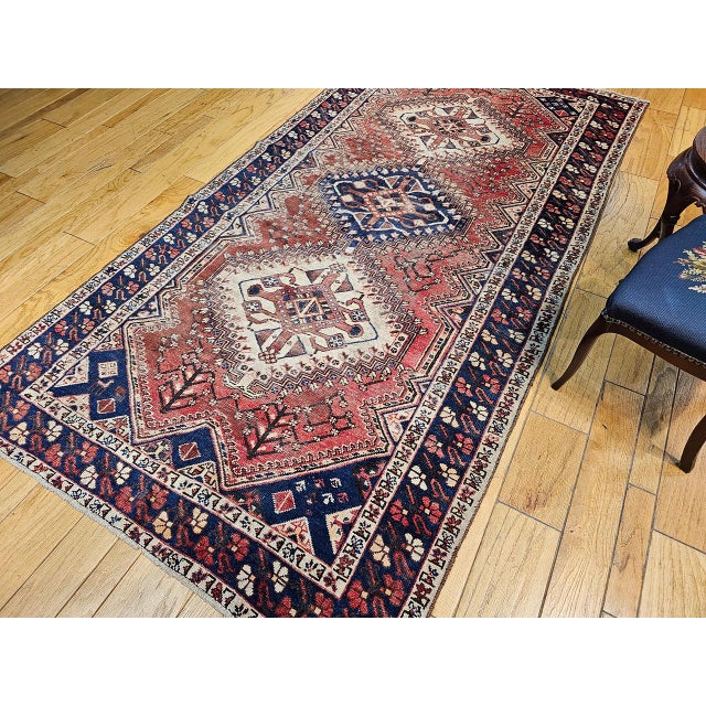 Vintage Persian Shiraz Tribal Area Rug, Hand-Knotted Wool, Geometric Pattern, Rust-Red & Navy, 5x10 For Sale - Image 9 of 11