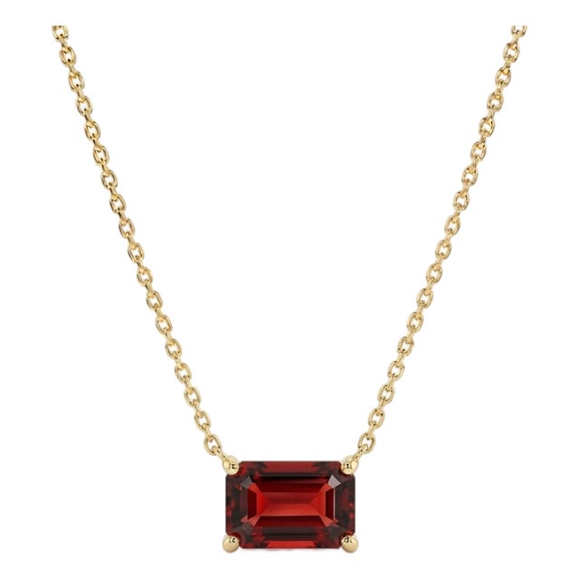 Emerald-Cut Garnet Bar Solitaire Necklace in 18k Yellow Gold Plated For Sale