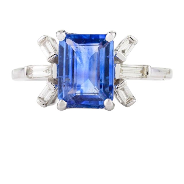 1.5 Ctw Emerald Cut Blue Sapphire Diamonds Wedding Ring Size 5.5 For Sale