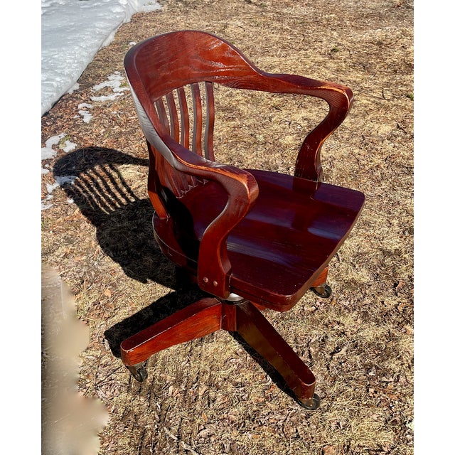 Arts & Crafts Oak Banker's Office Arm Chair Walnut Stained on Casters For Sale - Image 3 of 6