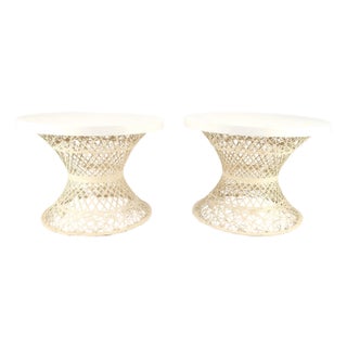 Pair Spun Fiberglass 24" Round Stone Textured Tops End Side Tables Woodard MINT For Sale