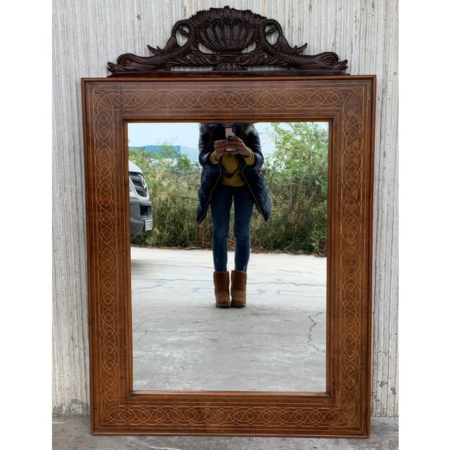 Antique Geometrical Marquetry Inlaid Mahogany Mirror with Carved Crest For Sale - Image 16 of 18
