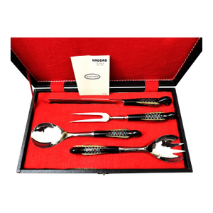 Late 20th Century S&s Haddad Family Authentic Jezzine Meat/Salad Serving Sets in Original Box With Coral & Turquoise Inlay- 5 Pieces