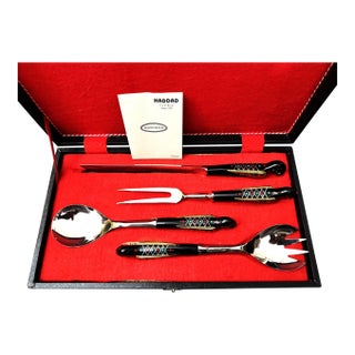 New Late 20th Century S&s Haddad Family Authentic Jezzine Meat/Salad Serving Sets in Original Box With Coral & Turquoise Inlay- 5 Pieces For Sale