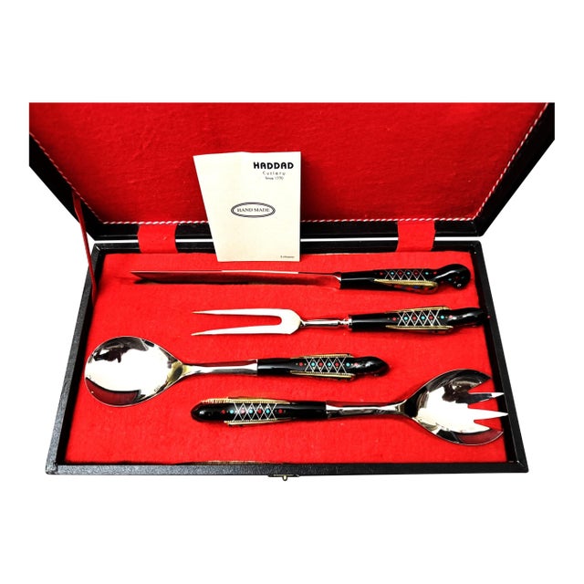 New Late 20th Century S&s Haddad Family Authentic Jezzine Meat/Salad Serving Sets in Original Box With Coral & Turquoise Inlay- 5 Pieces For Sale