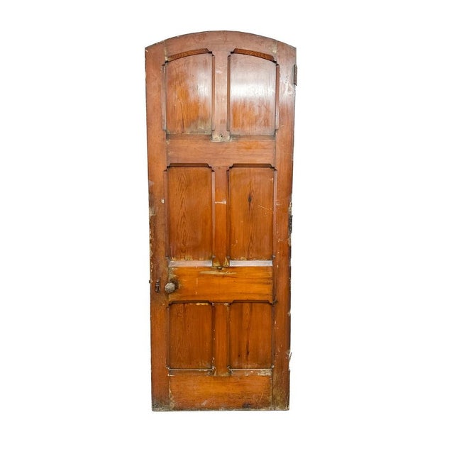 Victorian Gothic Revival Arched Pitch Pine 6-Panel Door with Carved Handles, 19th Century For Sale - Image 5 of 9