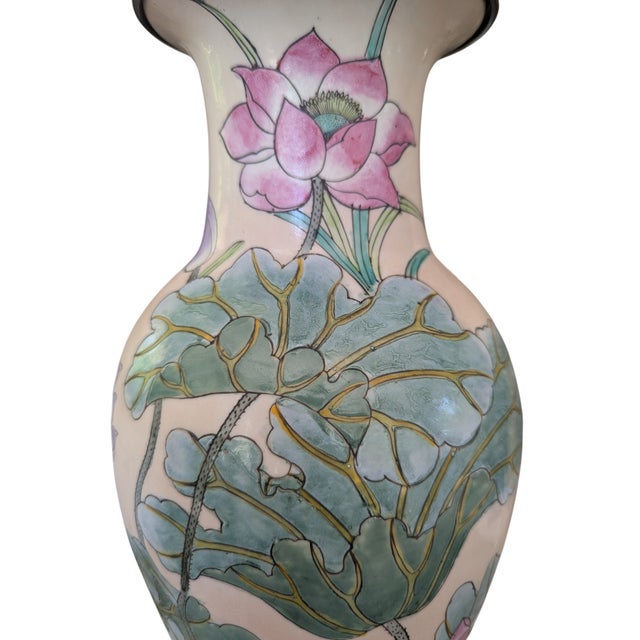 Antique Chinoiserie Porcelain Enamel Lotus Flower Vase Lamp For Sale - Image 16 of 18