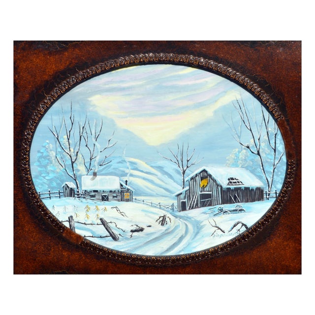 Snowy oval shaped landscape of a barn and a cozy log cabin in a scenic winter wonderland by Ginger Sammell (American, 20th...