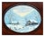 Snowy oval shaped landscape of a barn and a cozy log cabin in a scenic winter wonderland by Ginger Sammell (American, 20th...