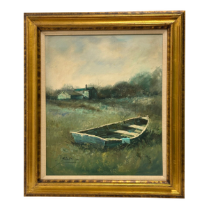 j.t. Braun Landscape Oil Painting - Boat and Rustic House in Rural Setting - Framed