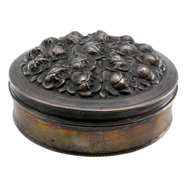 Silver Box with Embossed Flowers on the Lid and Pearl Trim For Sale