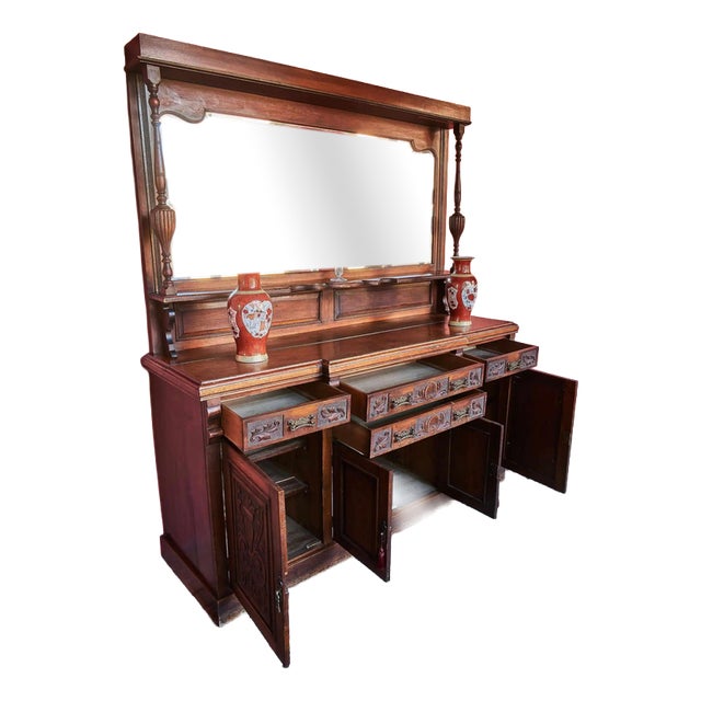 English Sideboard with Large Mirror Hand Carved For Sale