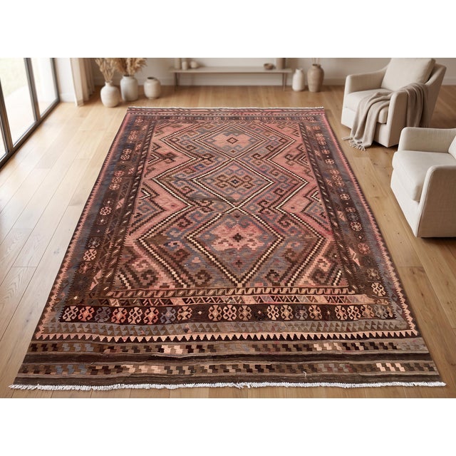 Traditional Vintage Maimana Kilim Area Rug, Handwoven Wool, 8x12, Rose & Slate For Sale - Image 3 of 11