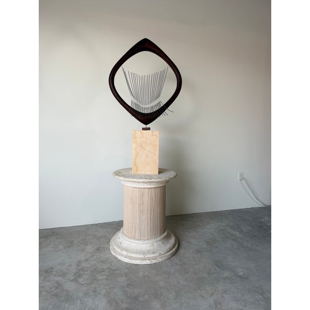 1970s Mid-Century Modern Barbara Hepworth-Style Wood & Metal Abstract Sculpture on Marble Base For Sale - Image 12 of 16