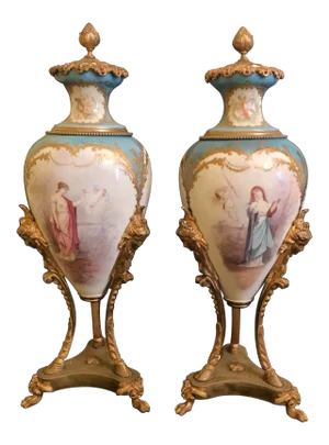 19th C. French Sevres Porcelain Mounted Bronze Urns - A Pair