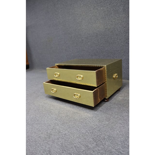 Mid-Century Modern Sarreid Brass Clad Campaign Style Two-Drawer Chest For Sale - Image 3 of 16