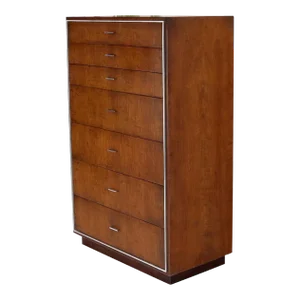 Seven Drawers Burl Wood Chrome Metal Bezel High Chest Dresser by John Stuart
