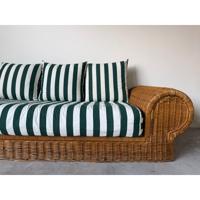 1970s Vintage Coastal Organic - Rattan Sofa With Rolled Arms & Striped Cushions For Sale - Image 9 of 18