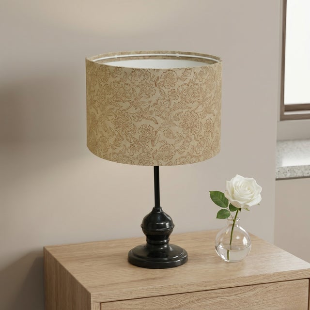 Brown Handmade Brown Jarul Block Print Detachable Drum Lampshade – Drape Style – 3" Top X 13" Bottom X 10" High For Sale - Image 8 of 8