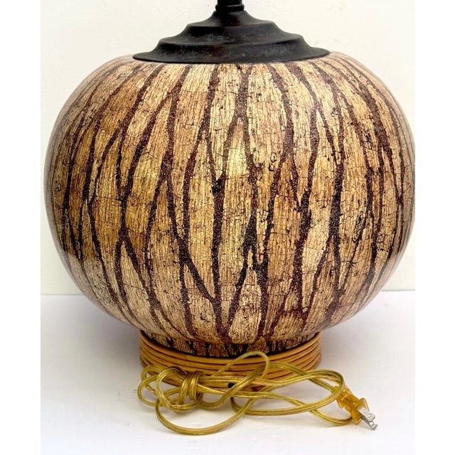 Late 20th Century Mid Century Lacquered Coconut Shell Inlay Gourd-Form Table Lamp on Rattan Base For Sale - Image 5 of 6