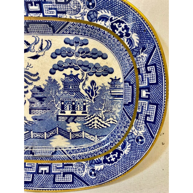 Antique Oval Gold Rimmed Blue Willow Side Dish /Vegetable Serving Platter From England - Circa 1850 For Sale - Image 4 of 11