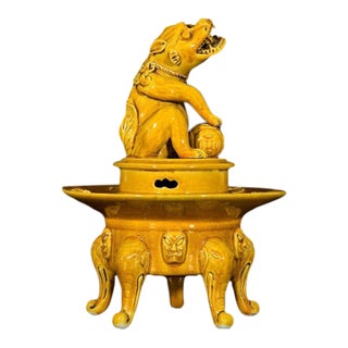 Chinese Yellow Glazed Porcelain Censer / Incense Burner With Foo Dog & Elephant Legs For Sale