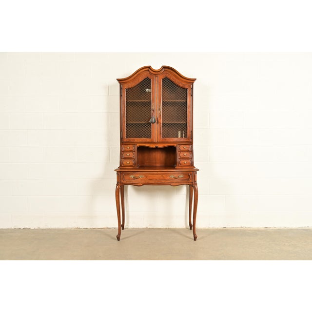 Thomasville Thomasville French Provincial Carved Walnut Secretary Desk With Bookcase Hutch For Sale - Image 4 of 16