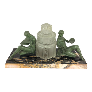 Marius-Ernest Sabino French Art Deco Table Lamp and Marble Garniture, Signed