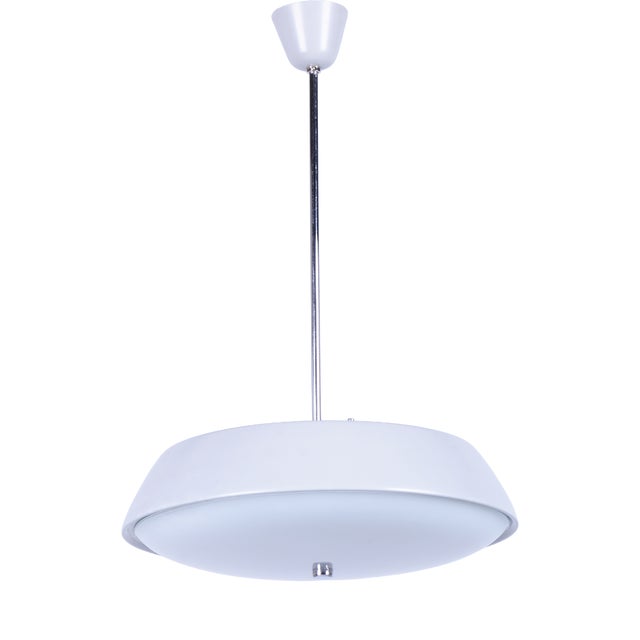 Mid-Century Czech Pendant Light in Steel and Opaline Glass attributed to Lidokov, 1950s For Sale