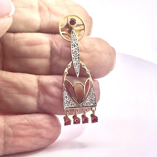 Gemstone Masriera Diamond Ruby Enamel Chandelier Drop Earrings, A Pair For Sale - Image 7 of 12