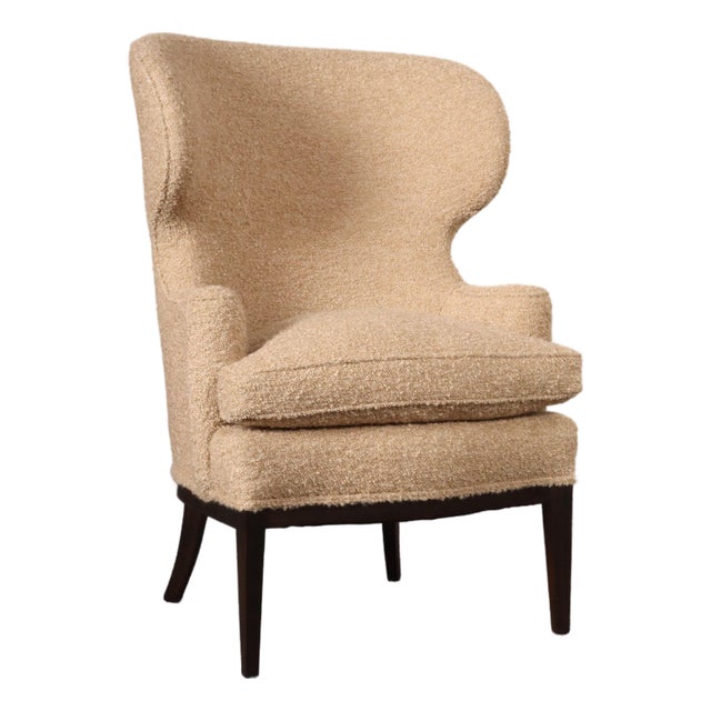 Deco Mahogany and Bouclé Wingback Chair by Edward Wormley for Dunbar Model 103b For Sale