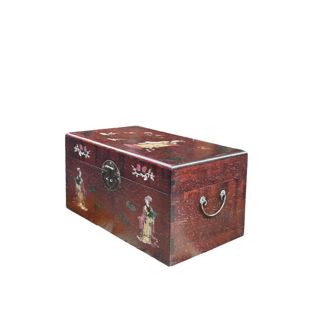 Oriental Mother of Pearl Graphic Reddish Brown Wood Trunk Chest Box For Sale - Image 4 of 7