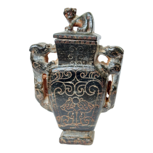 Early 20th C. Chinese Dark Stone Carved Lidded Urn Lion & Dragon Motifs