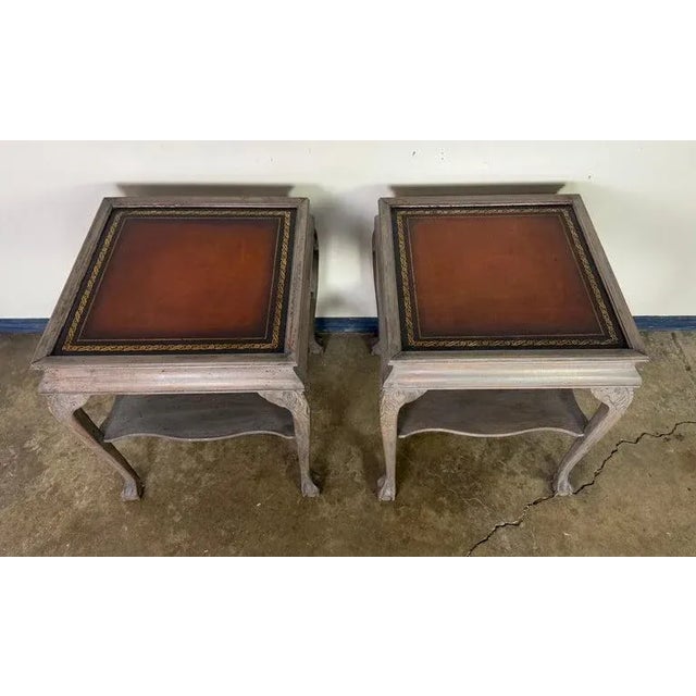 Pair of Distressed English Chippendale End Tables, Leather Tops, 1930s For Sale - Image 4 of 12