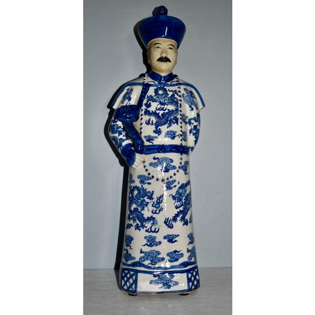 Vintage (1960's) Qing Emperor Statue is Chinese. Made of Porcelain. Blue and White Patterned. The Measurements: 6"W x...