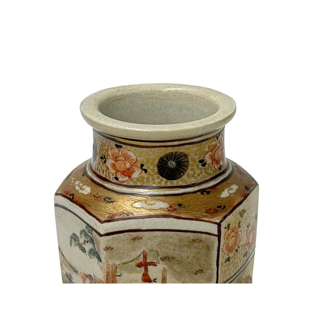 Gold 6" Asian Satsuma Style Hexagonal Figures Painted Porcelain Art Vase For Sale - Image 8 of 12