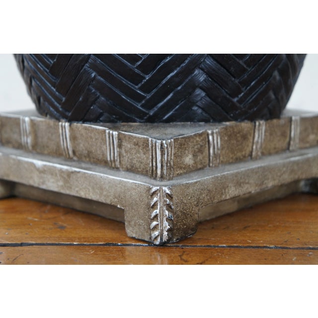 Late 20th Century Black & Silver Basketweave Handled Footed Flower Urn Centerpiece Vase For Sale - Image 6 of 12
